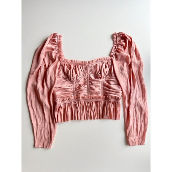 NWT ULLA JOHNSON Mia Tuberose Pink Plisse Satin Corset Peplum Blouse Top, Size 8 - Picture 6 of 16